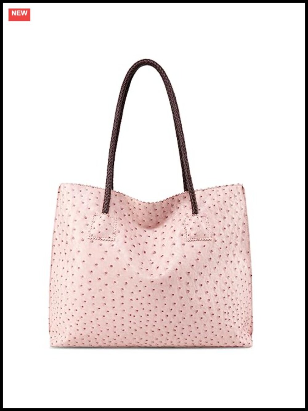 Large Ostrich Vegan Leather Tote Bag with Zipper Braided Handles